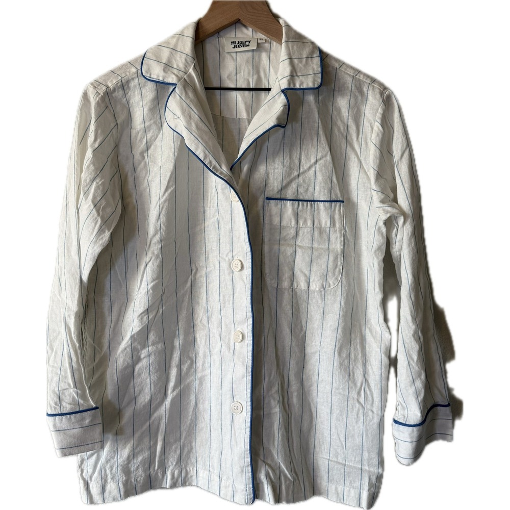 Sleepy Jones Pajama Set White Blue Striped Linen Blend LS Shirt & Pants XS